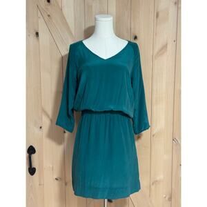 Garnet Hill | Teal 100% Silk Elastic Waist V Neck 3/4 Sleeve Dress | Size 6